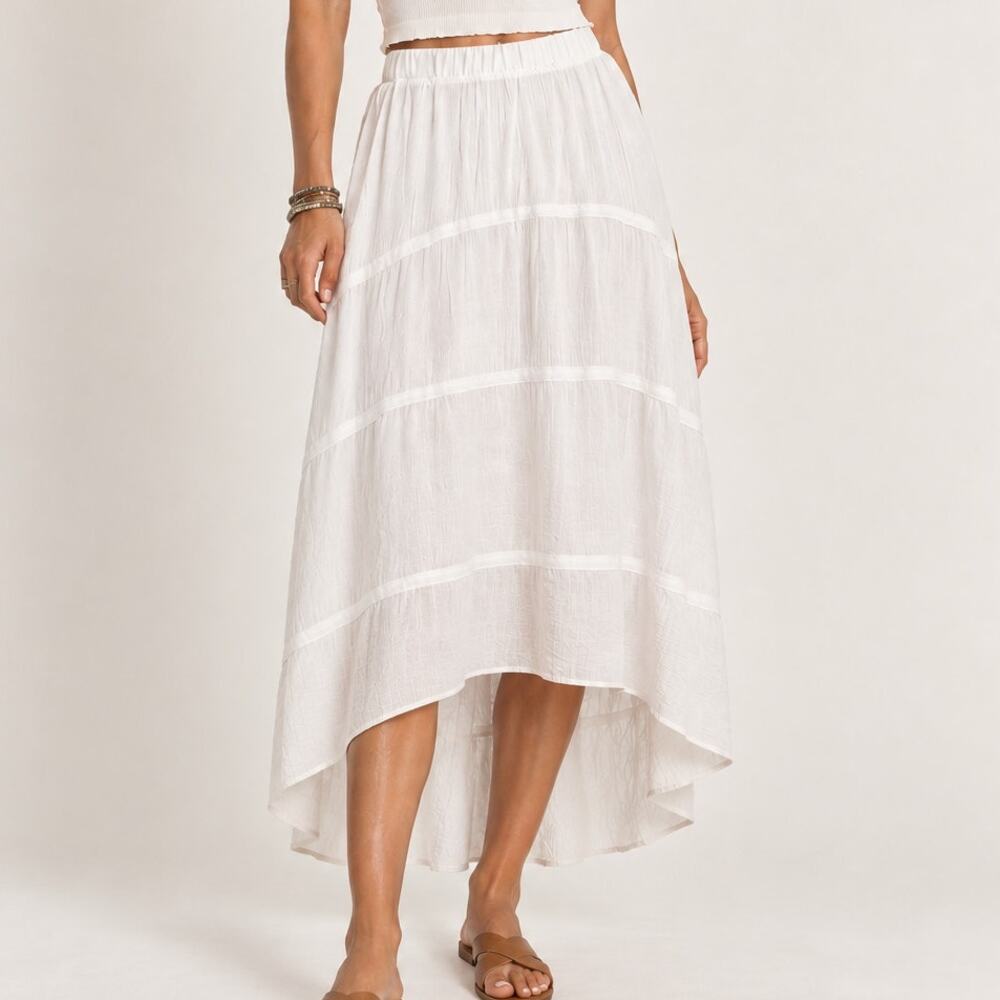 Westport Tiered High-Low Elastic Waist Boho Festival Coquette Skirt Lined MEDIUM